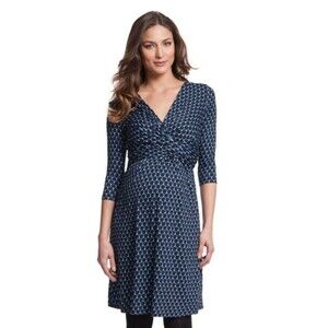 SERAPHINE 3/4 Sleeve Empire Detail Maternity Dress Size 8 Blue Black White Dot